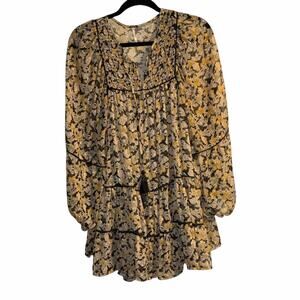 Free People XS Sheer Floral Mini Dress Boho Tiered Long Sleeve